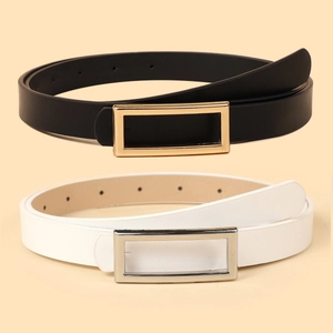 Classic set of black and white women's thin belts with rectangular gold and silver buckles
