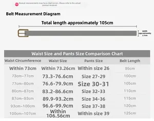 Maattabel met een breedte van 2,3 cm en riemlengtes van 95 cm tot 125 cm met taillematen