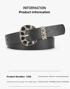 Detail view of black PU leather belt with horse-shoe buckle and 107cm length info