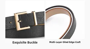 Close-up of elegant gold square buckle and refined oil-edge finish on black leather belt