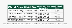 Size chart for women's vintage PU belt showing waist sizes from 58cm to 98cm and belt lengths