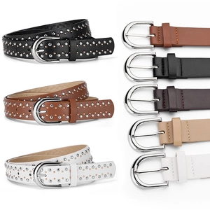 Western style leather belts with metal studs and D-shaped buckles in various colors