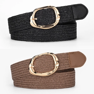Ceinture Femme en Paille Tressée Élastique Bohème Avec Boucle Ovale Dorée Ceinture de Mode pour Robes