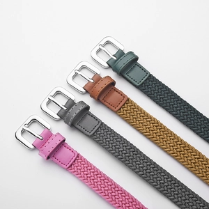 Kids elastic woven belts in pink, grey, brown, and green with silver metal pin buckles