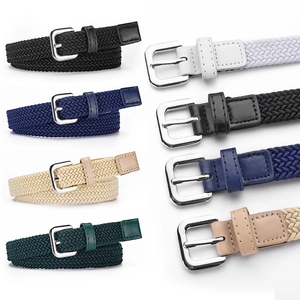 Kids elastic woven canvas belts in multiple colors with metallic pin buckle and leather trim