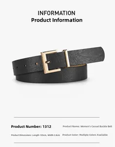 Detail showing litchi texture black leather belt with golden square buckle and dimensions