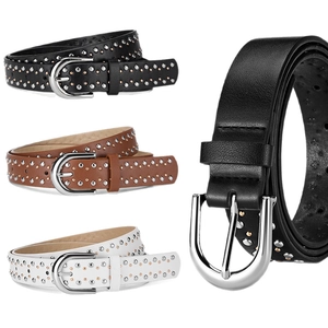 Punk style studded leather belt with silver D-ring buckle in black brown and white