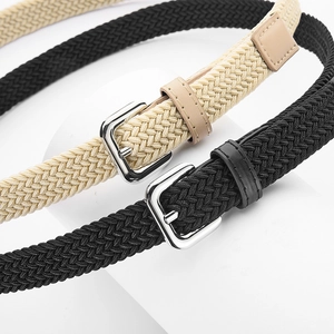 Kids elastic woven canvas belts in black and beige with silver square pin buckle