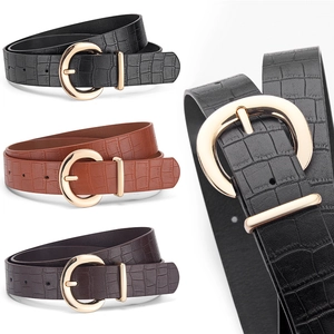 Ceinture en Cuir PU pour Femmes Motif Crocodile Imprimé Léopard Boucle Ronde Dorée Mode Ceinture de Taille Décorative