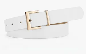 Detailed view of a slim white leather belt with a minimalist golden square buckle