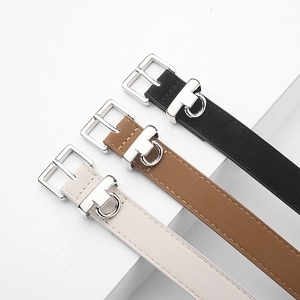 Three minimalist slim leather belts in black brown and beige with silver square buckles