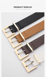 Detail showing high-quality leather texture and polished gold buckles on four fashion belts