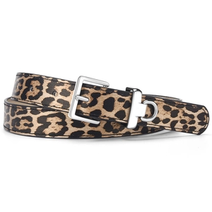 Minimalist leopard print leather belt with silver pin buckle and classic metal D-ring for women