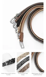 Détail de ceinture punk fine avec rivets métalliques, boucle dorée et cuir PU de qualité