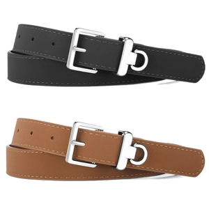 Minimalist square buckle leather belts for women in black and brown with silver metal accents