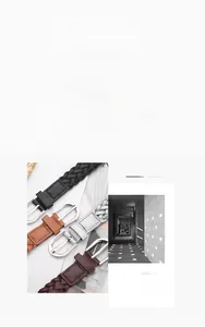 Detailed view of woven leather belts in four colors with polished silver metal buckles