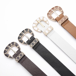 Women's vintage PU leather belts with decorative engraved gold buckles in four colors