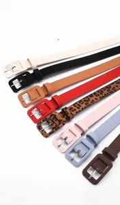 Detail of assorted leather belts in multiple colors and leopard print with pin buckles
