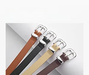 Detailed view of four multi-color PU leather thin belts with polished silver needle buckles