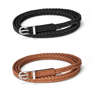 Ceinture Mince pour Femmes en Cuir PU Tressé à la Main Ceinture Rétro pour Robe Chemise Accessoire de Mode Mince Haute Qualité