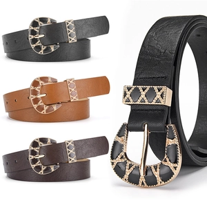 Vintage bohemian faux leather belts for women with engraved golden X-pattern buckles
