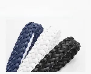 Detailed close-up of woven PU leather belts in navy blue, white, and black colors