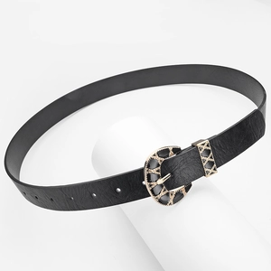 Vintage women's black PU leather belt with decorative gold-tone horseshoe buckle