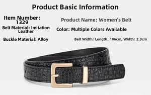 Detail view of black crocodile pattern faux leather belt with golden square buckle