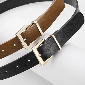 Minimalist square gold buckle leather belts for women in black and brown styles