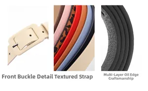 Close-up of square pin buckle and colorful faux leather belts with smooth edge finish