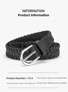 Detail view of black woven faux leather belt with silver horseshoe buckle 110x2.3cm