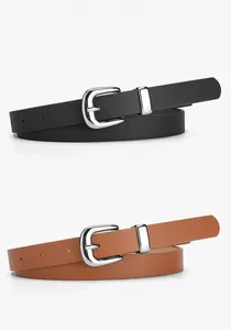 Vertical display showing black and camel PU leather belts with silver metal needle buckles