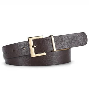 Classic dark brown leather belt for women featuring a minimalist gold square metal buckle