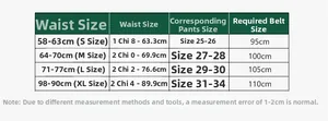 Size chart for vintage woven leather belt showing S to XL waist measurements and lengths