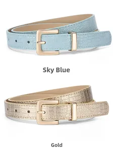 Detail view of sky blue and gold crocodile embossed belts with square metal buckles