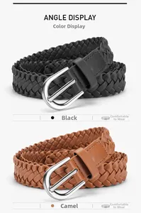 Detail of woven leather belts in black and camel with silver oval metal buckles