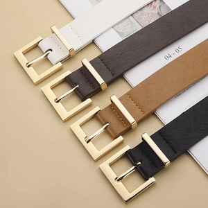 Minimalist square gold buckle belt in black, brown, camel, and white for dresses