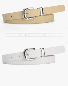 Detailed view of beige and white PU leather belts featuring classic silver metal buckles