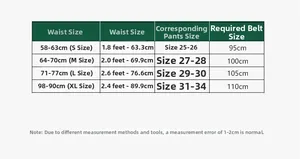 Size chart for woven leather waist belt showing S-XL measurements in cm and belt lengths