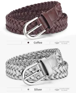 Detailed view of woven leather belts in coffee and silver with D-shaped metal buckles