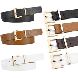 Chic women's leather belts with square gold buckles in black, brown, coffee, and white