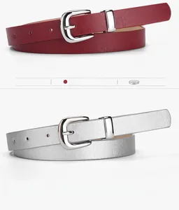 Detail view of simple dark red and silver PU leather belts with classic metal pin buckles