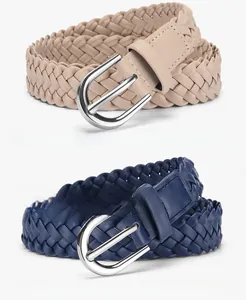 Detail of woven khaki and navy belts with classic silver metal D-ring pin buckles