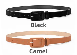 Close-up of black and camel women's belts with matching square fabric-covered buckles