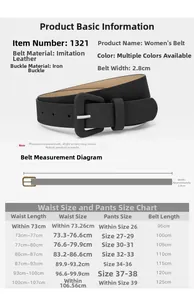 Size chart for 2.8cm wide faux leather women belt with iron buckle details