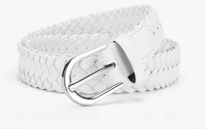 Close-up of a white woven belt for women with a detailed silver alloy pin buckle finish