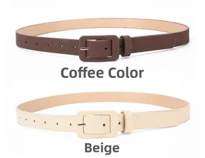 Close-up of sleek coffee and beige thin leather belts with leather-wrapped buckles