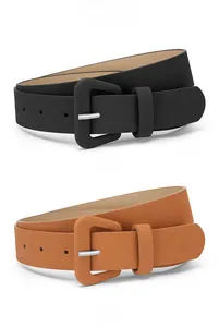 Detailed comparison of black and camel leather belts with matching matte buckles and silver pins