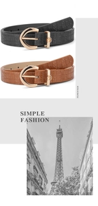 Detail of vintage crocodile texture PU leather belts with golden horseshoe buckles in two colors