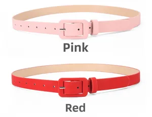 Detail view of pink and red women belts with matching color covered pin buckles